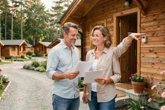 Couple examinant un chalet en bois dans un camping bien entretenu avant achat