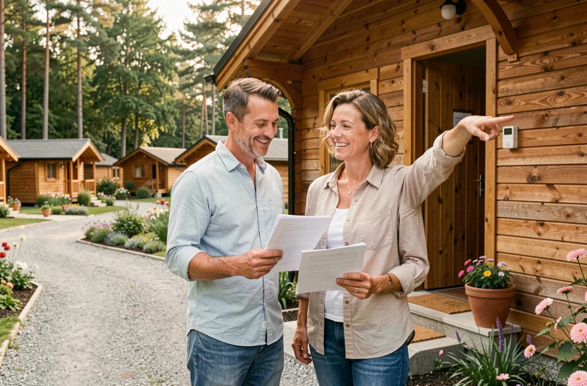 Couple examinant un chalet en bois dans un camping bien entretenu avant achat