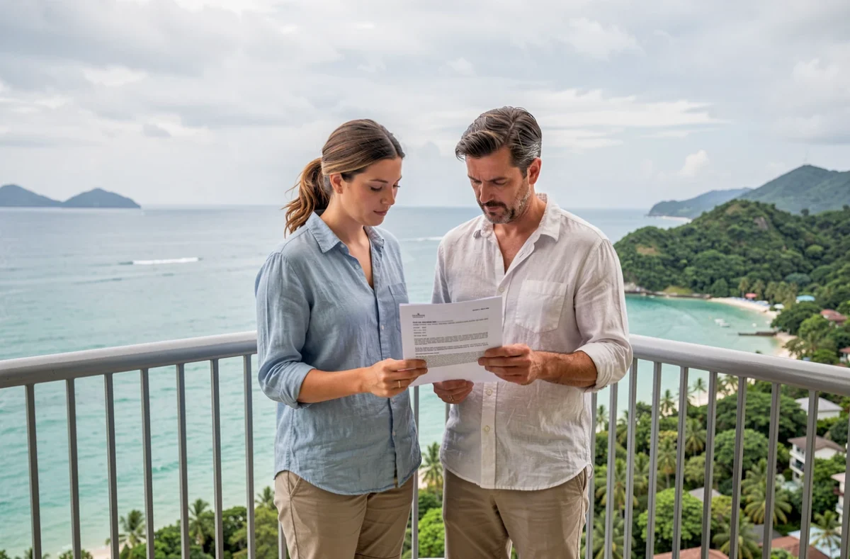 Couple européen étudiant un contrat d'achat immobilier sur le balcon d'un condominium à Phuket en Thaïlande