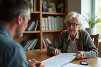 Une femme âgée et un conseiller immobilier examinent ensemble un contrat de viager sans bouquet dans un bureau de notaire