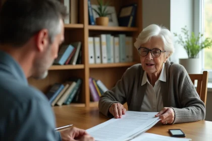 Une femme âgée et un conseiller immobilier examinent ensemble un contrat de viager sans bouquet dans un bureau de notaire