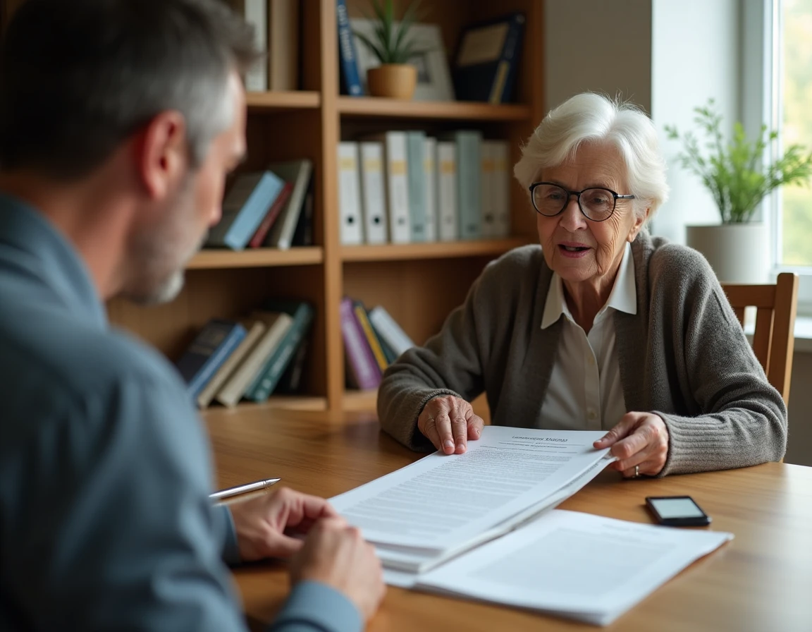 Une femme âgée et un conseiller immobilier examinent ensemble un contrat de viager sans bouquet dans un bureau de notaire