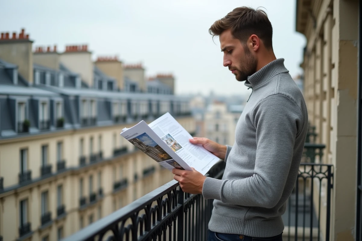Jeune acheteur immobilier consultant des plans sur un balcon avec vue sur les toits haussmanniens de Paris