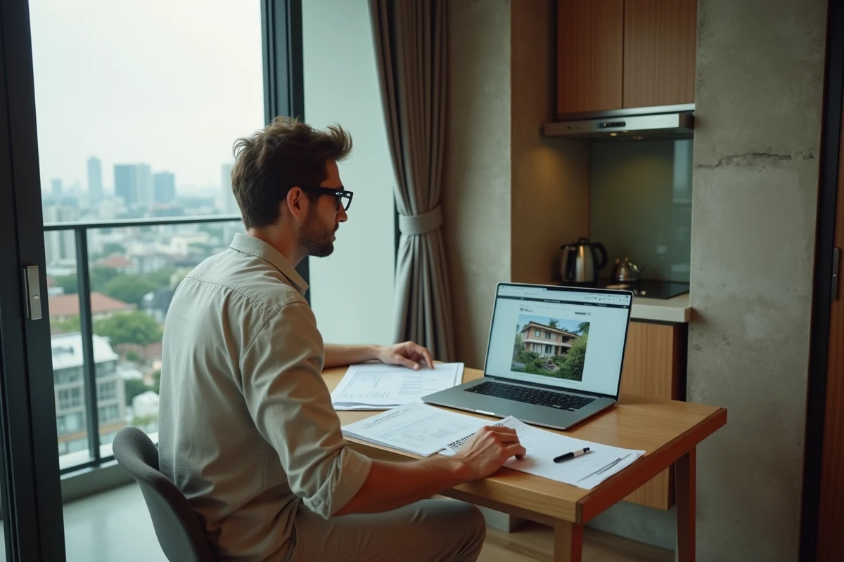 Expatrié européen analysant des documents immobiliers pour l'achat d'un condo à Bangkok
