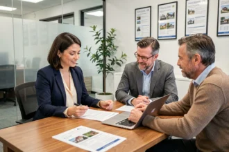 Conseillère immobilière présentant des documents à un couple dans une agence moderne