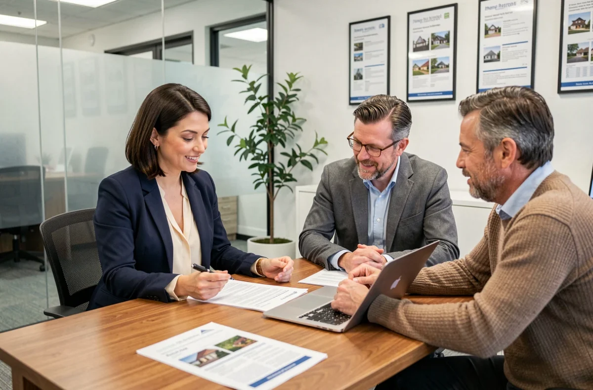 Conseillère immobilière présentant des documents à un couple dans une agence moderne