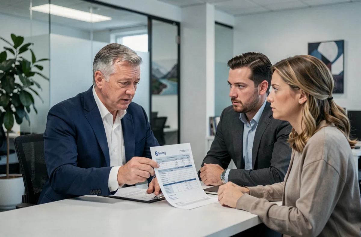 Agent d'assurance présentant un contrat à un couple de propriétaires dans un bureau moderne, abordant la question du malus en assurance habitation