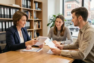 Agente d'assurance habitation expliquant un contrat à un couple dans un bureau professionnel moderne