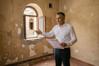 Agent immobilier montrant un appartement à vendre à Marrakech avec des murs abîmés et un sol en zellige usé