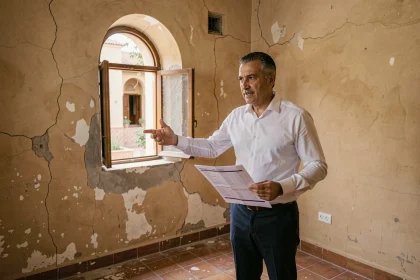 Agent immobilier montrant un appartement à vendre à Marrakech avec des murs abîmés et un sol en zellige usé