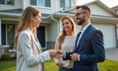 Agent immobilier souriant remettant les clés à un couple heureux devant une maison moderne