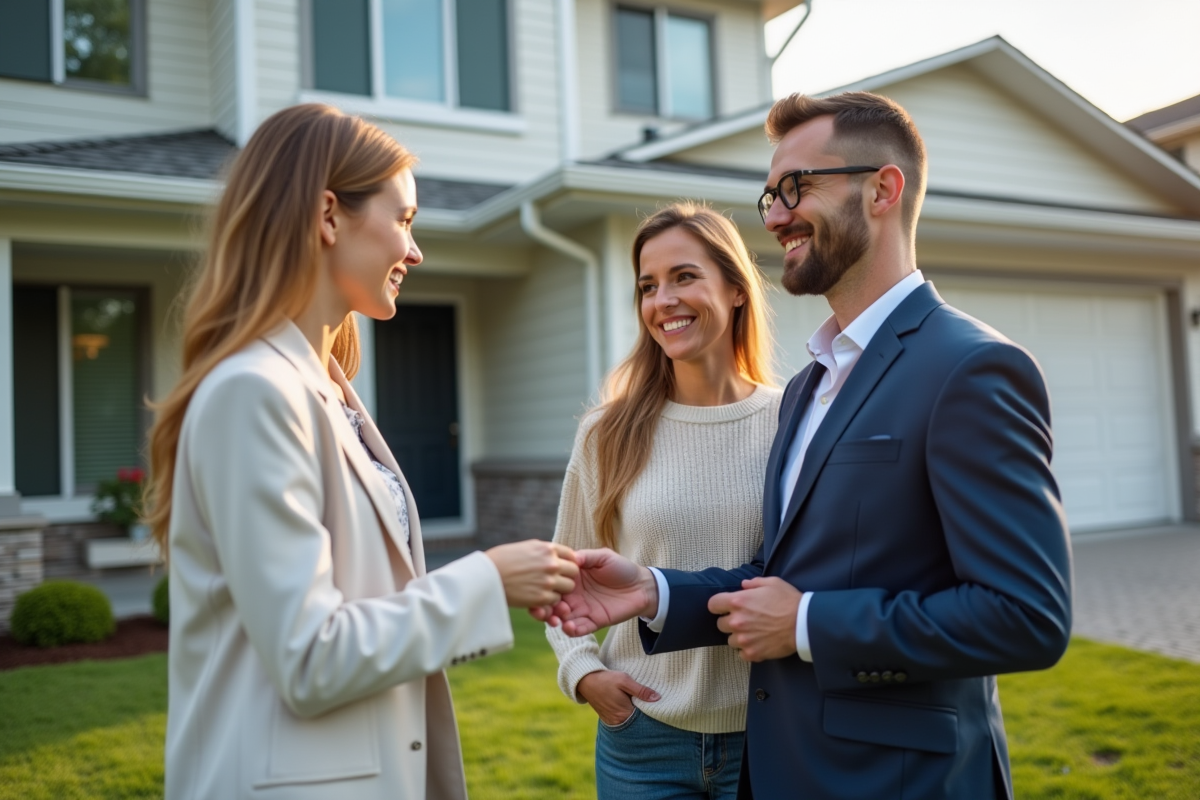 Agent immobilier souriant remettant les clés à un couple heureux devant une maison moderne