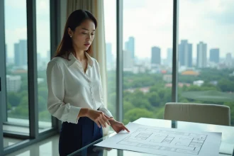 Agent immobilier thaïlandaise présentant un appartement condo à vendre à Bangkok avec vue sur la skyline urbaine