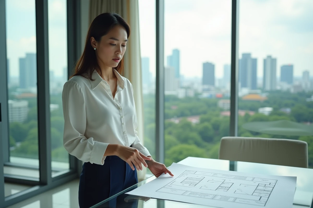 Agent immobilier thaïlandaise présentant un appartement condo à vendre à Bangkok avec vue sur la skyline urbaine