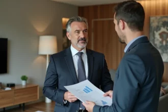 Agent immobilier confiant avec clients dans un salon moderne