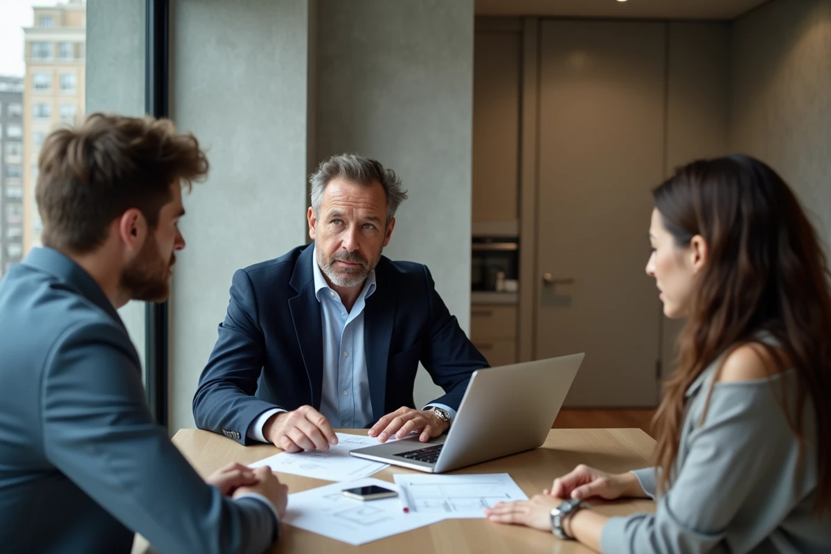 Agent immobilier discutant avec un couple dans un appartement