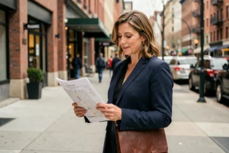 Agente immobilière analysant des documents de localisation commerciale dans une rue urbaine animée