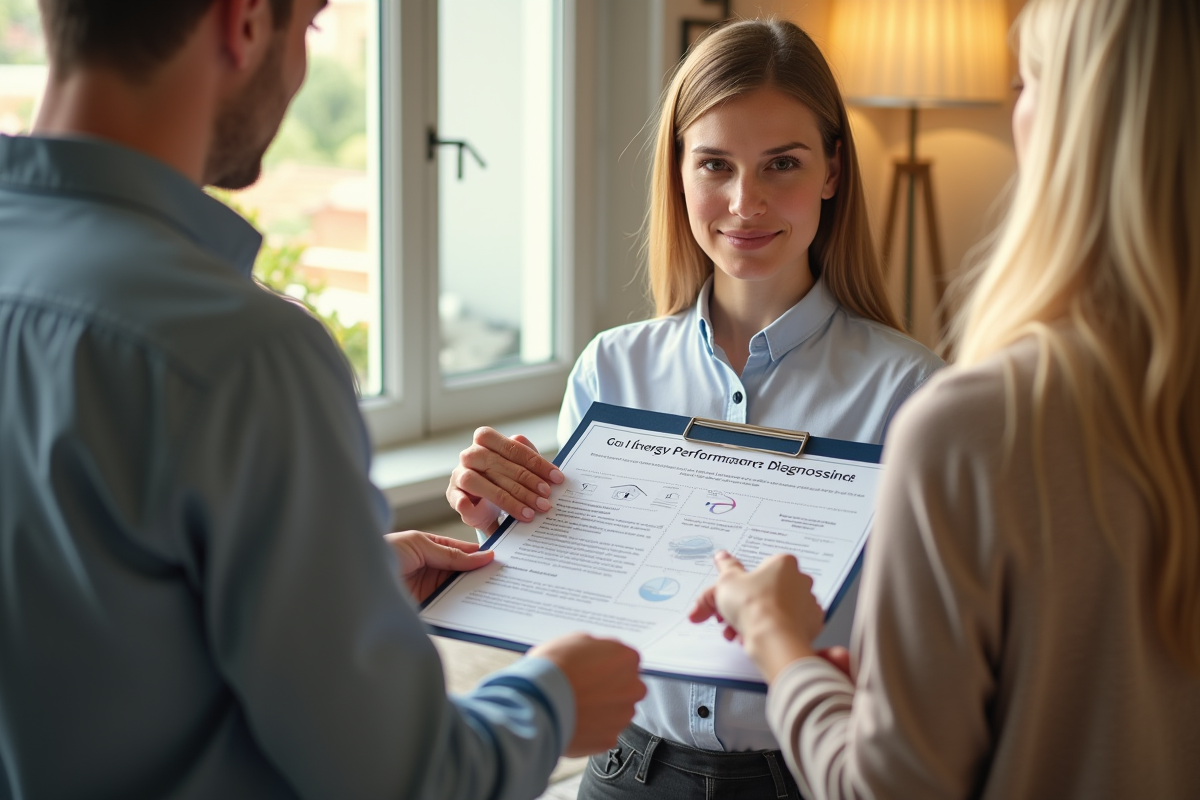 Agent immobilier montrant un diagnostic de performance énergétique dans un salon lumineux