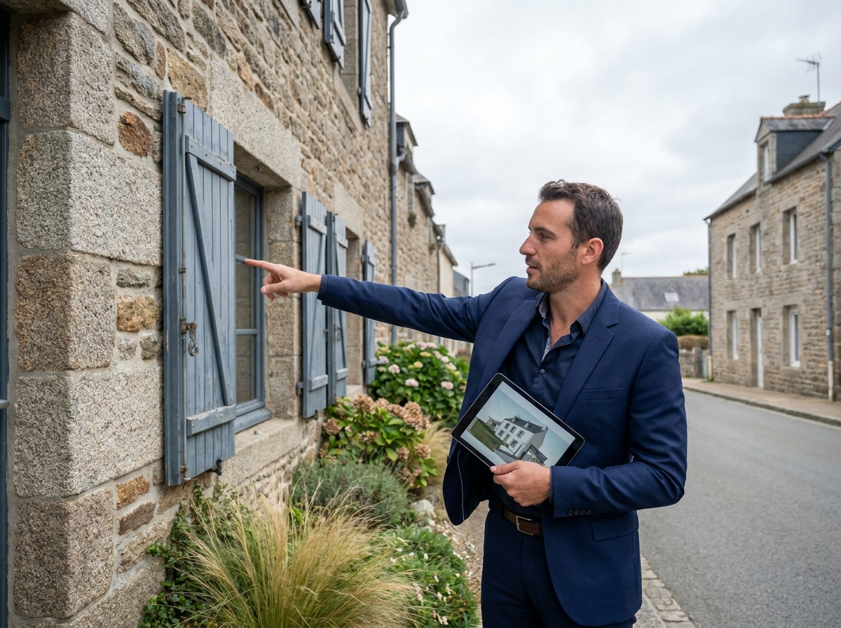 Agent immobilier évaluant l'extérieur d'une maison en granite brestoise avant sa mise en vente