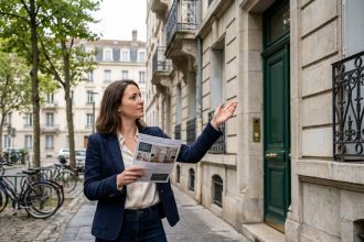 Femme agent immobilier devant un immeuble ancien de Villeurbanne tenant un document d'estimation de prix appartement