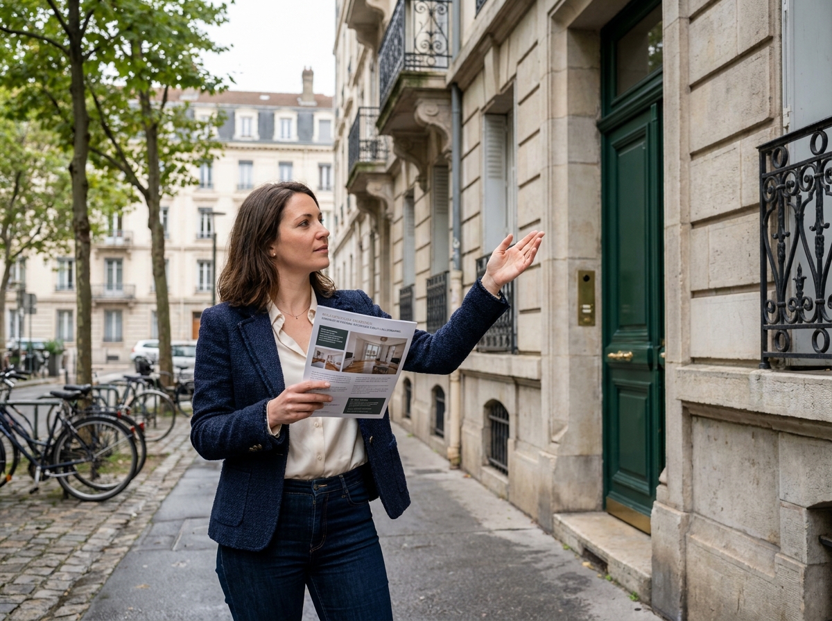 Femme agent immobilier devant un immeuble ancien de Villeurbanne tenant un document d'estimation de prix appartement