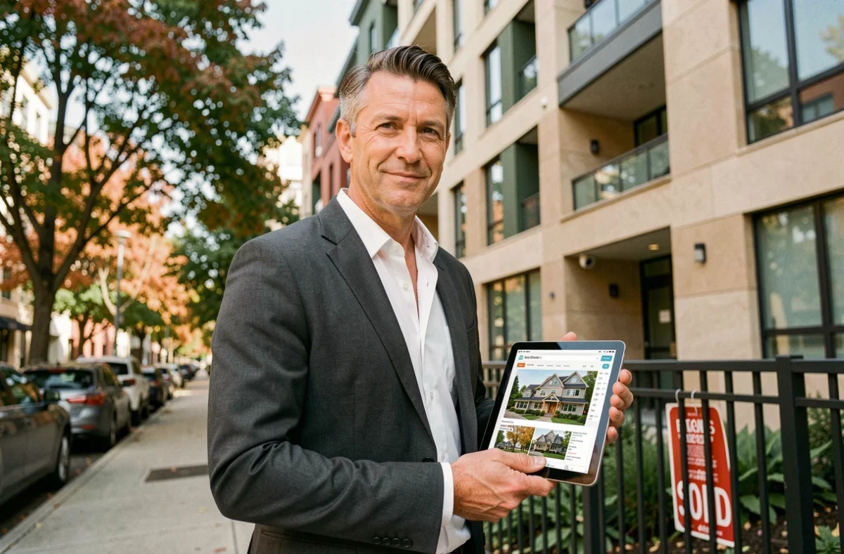 Agent immobilier devant un immeuble résidentiel avec tablette affichant une annonce