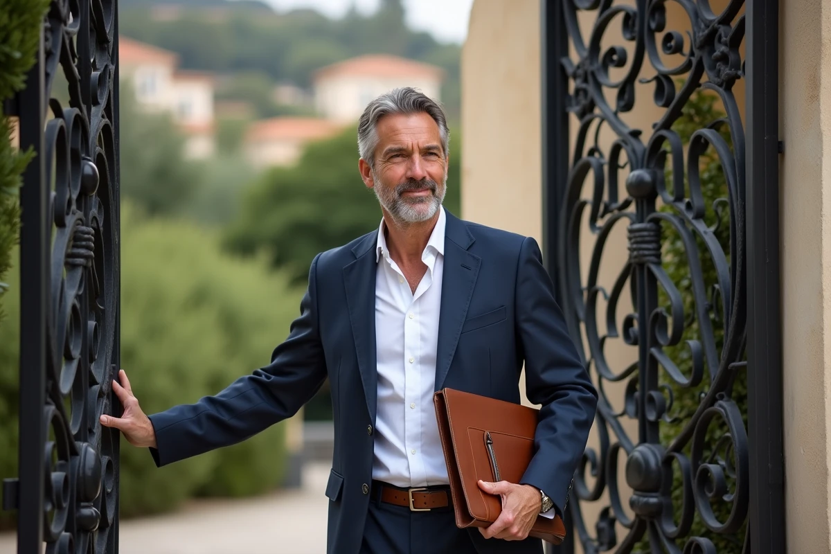 Agent immobilier de luxe devant les grilles d'entrée d'une villa prestigieuse sur la Côte d'Azur