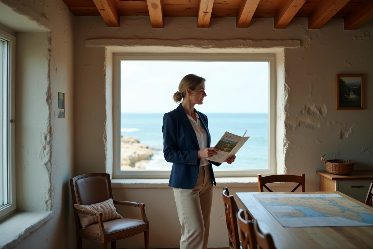Agente immobilière présentant une maison de pêcheur en bord de mer avec vue sur l'océan
