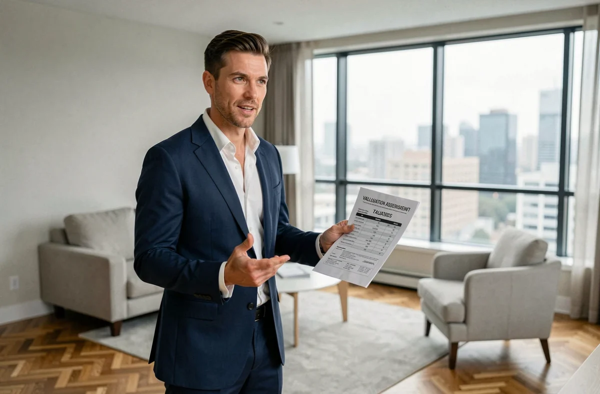 Agent immobilier tenant un rapport d'estimation de prix dans un appartement moderne à vendre avec vue urbaine en arrière-plan