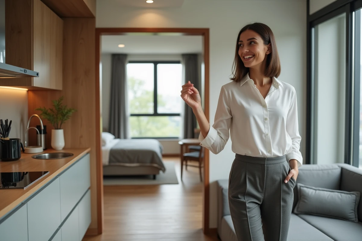 Jeune agente immobilière dans un appartement moderne T1