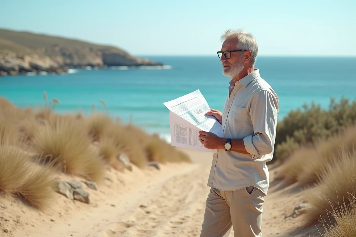 Agent immobilier présentant un terrain à vendre en bord de mer avec vue sur le littoral