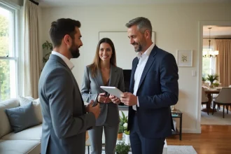 Agent immobilier en costume discutant avec un couple dans un salon lumineux