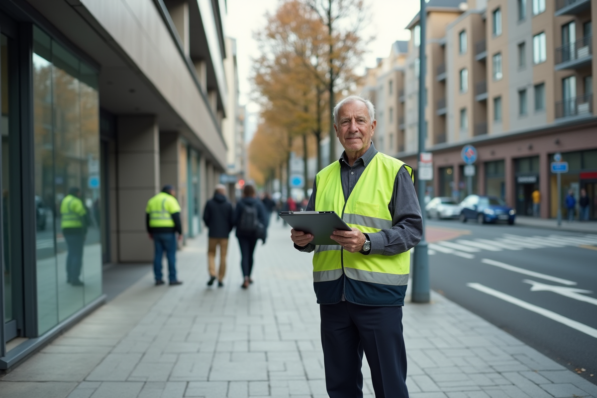 Agent municipal avec carnet sur trottoir urbain moderne