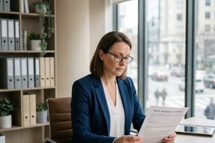 Agent immobilière examinant un contrat de gestion locative dans une agence moderne