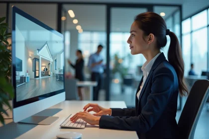 Agente immobilière utilisant une visite virtuelle 360 sur ordinateur dans une agence moderne