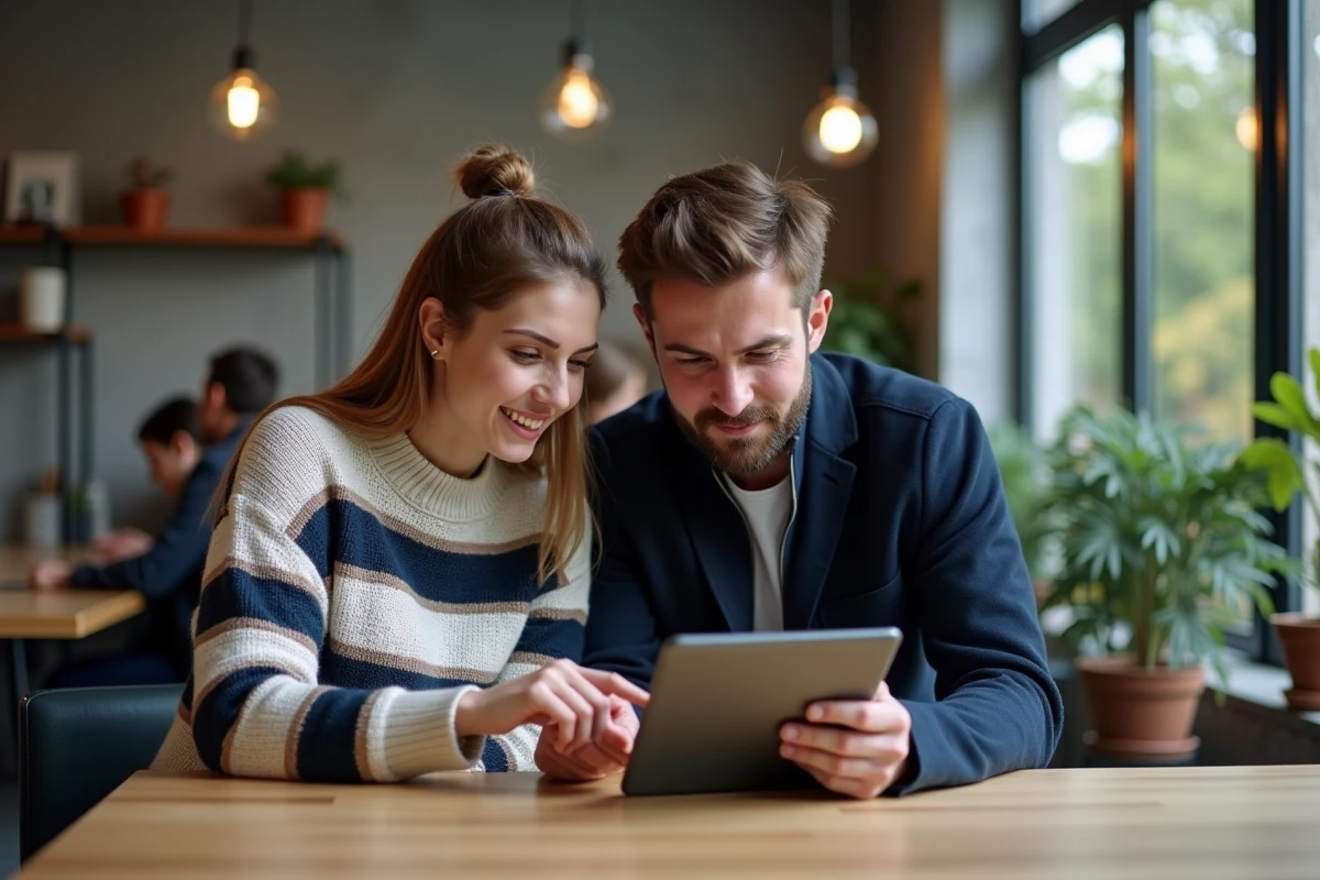 Deux étudiants consultant ensemble un dossier de demande de logement AL'in sur une tablette dans un espace de coworking