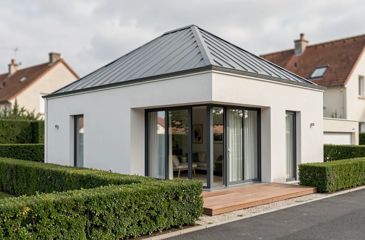 Maison contemporaine construite par Alpha Constructions en Gironde avec façade blanche et grande baie vitrée