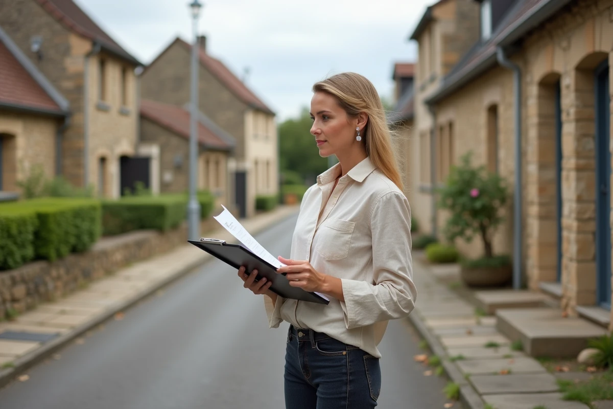 Femme analyste immobilière évaluant un bien résidentiel dans un quartier en développement de Bergerac
