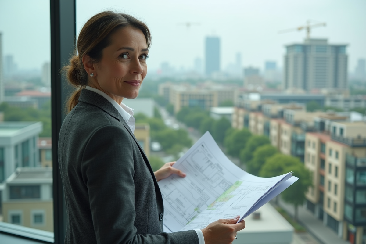 Architecte femme en costume regardant plans urbains durables