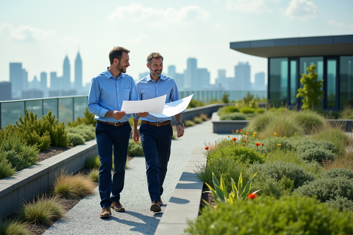 Deux architectes examinant des plans sur un toit végétal