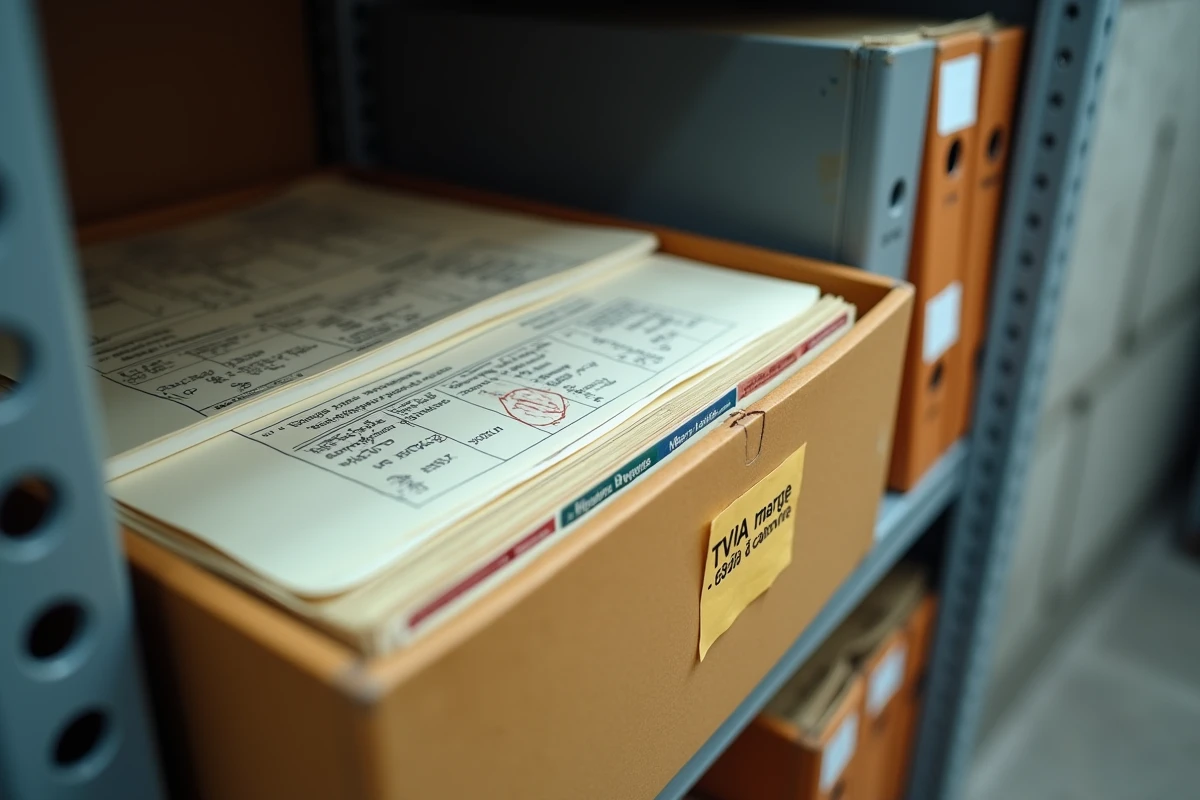 Boîte d'archives contenant les justificatifs de TVA sur marge pour un marchand de biens, actes de vente et documents fiscaux classés