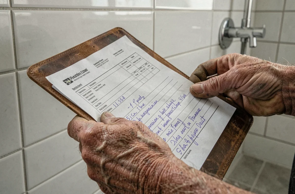 Artisan maçon tenant des factures de travaux de réparation déductibles de la plus-value immobilière devant un mur de carrelage rénové