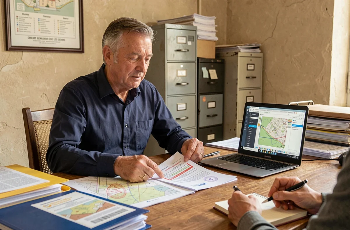 Agent municipal en mairie française présentant des documents de réglementation d'urbanisme pour une demande d'autorisation de tiny house