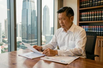 Avocat thaïlandais en droit immobilier examinant des documents de copropriété dans un bureau moderne de Bangkok