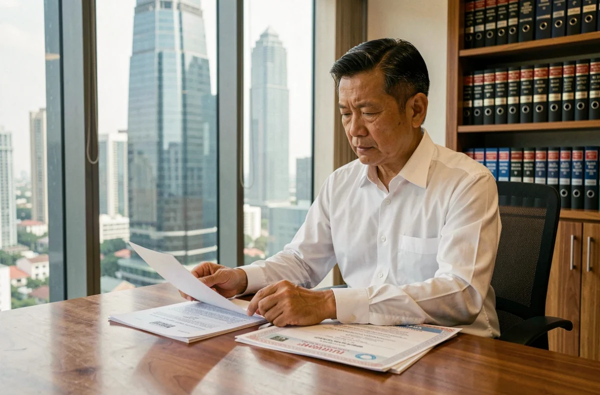Avocat thaïlandais en droit immobilier examinant des documents de copropriété dans un bureau moderne de Bangkok