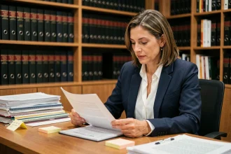 Avocate spécialisée en droit immobilier consultant l'article 15 de la loi du 6 juillet 1989 dans son cabinet