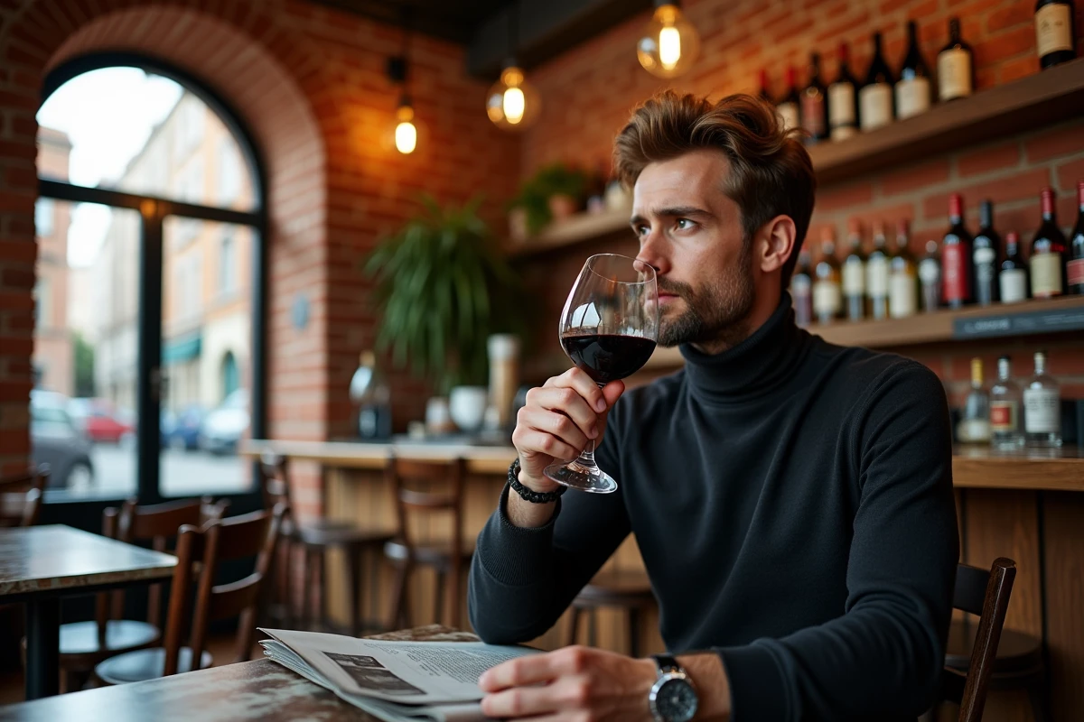 Homme dégustant un verre de vin naturel dans un bar à vins chic aux murs en briques apparentes dans le quartier des Carmes à Toulouse