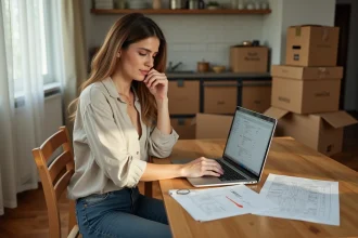 Femme préparant son budget de déménagement dans le sud à une table entourée de cartons