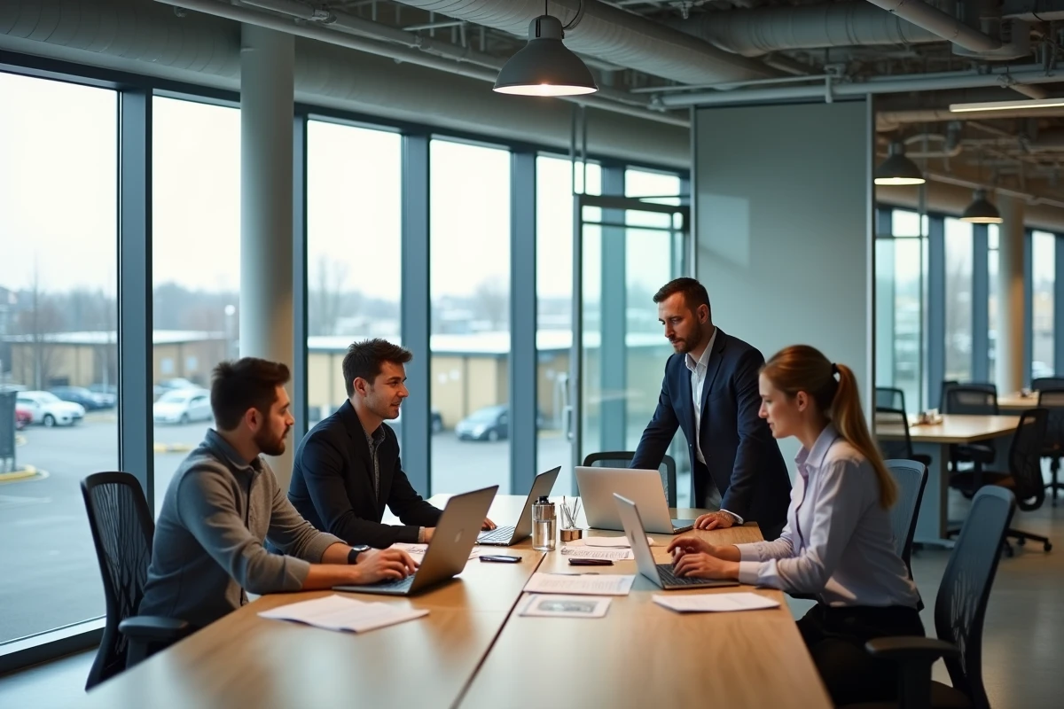 Bureaux modernes en open space dans un bâtiment de zone d'activités avec vue sur l'avenue industrielle