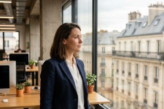 Femme cadre dans un bureau moderne parisien avec vue sur les toits haussmanniens, illustrant le choix d'implantation de bureaux à Paris